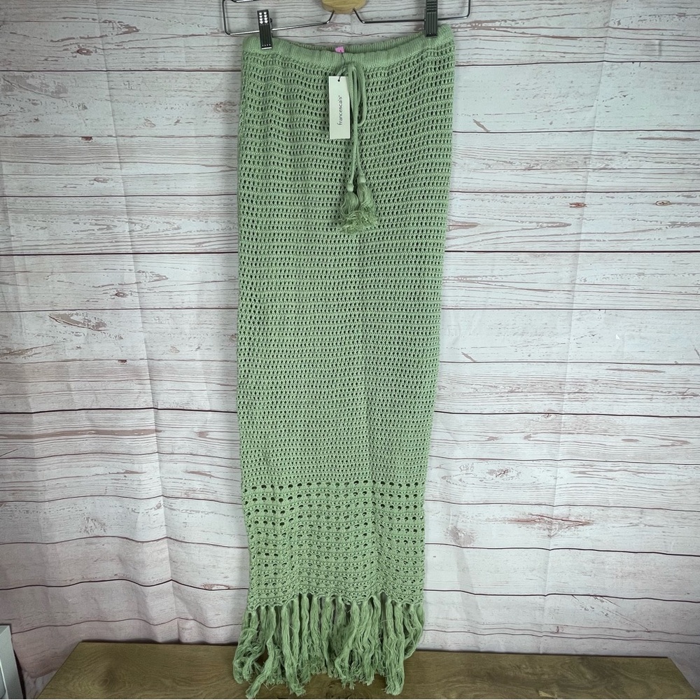 Francesca's sage green cotton crochet fringe midi skirt Sz M NWT Boho Beachy
